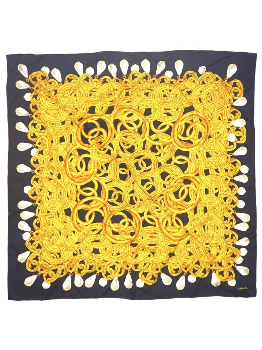 Chanel CC Logo Chain Drop Pearl Silk Navy Scarf